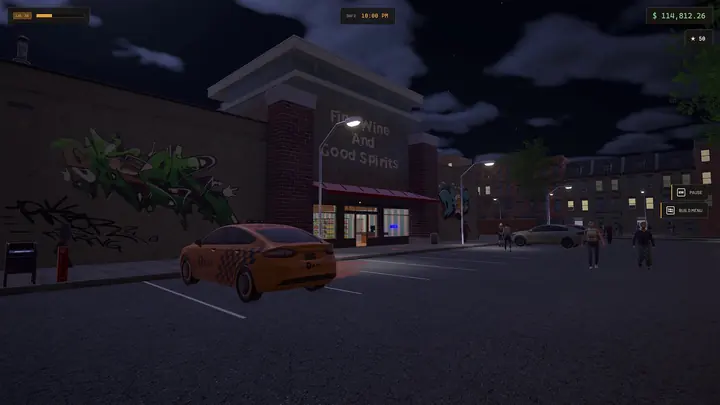 The store from across the street at night. Lit sign over the door, a cab at the curb, someone else's graffiti on the wall next door.