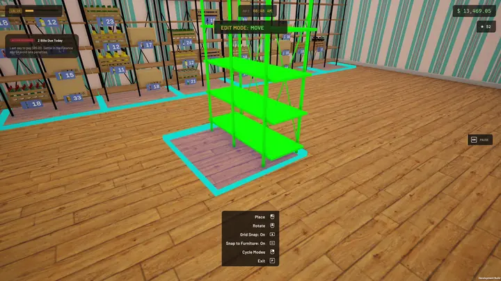 Build mode. A shelving unit snapped to the floor grid and ready to place, with the rotate and snap controls along the bottom.