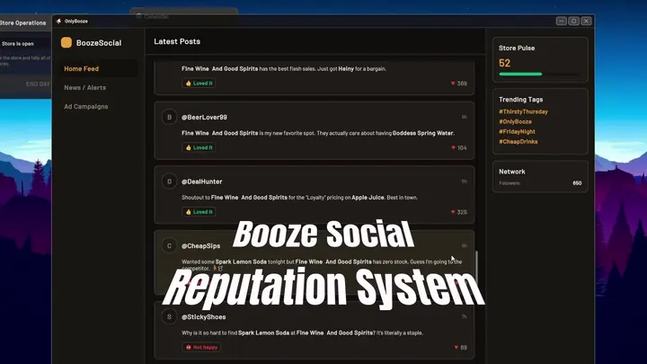 Booze Social. Customers post about your prices and your stock, and the store's reputation score moves with the feed.