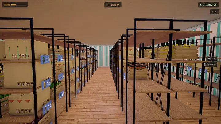 The stockroom aisle. Delivery boxes stacked down one side, empty shelving waiting on the other.
